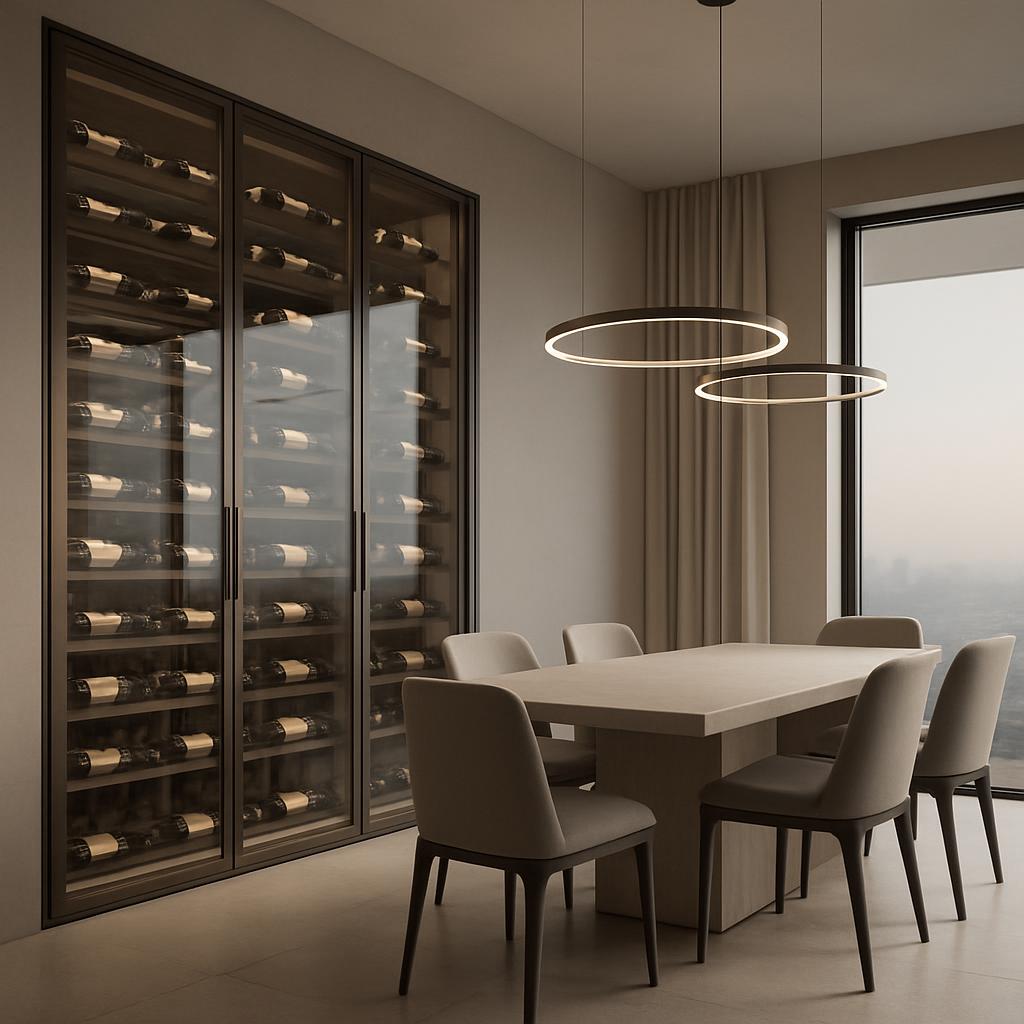 A dining room with a wine cabinet and a table surrounded by chairs. The wine cabinet has multiple shelves holding bottles,...