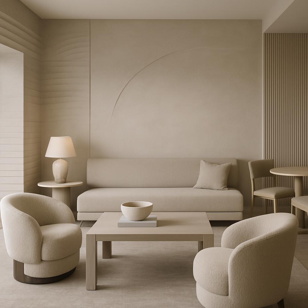A modern, minimalist living room with a neutral color palette featuring a beige sofa, coffee table, and matching chairs.