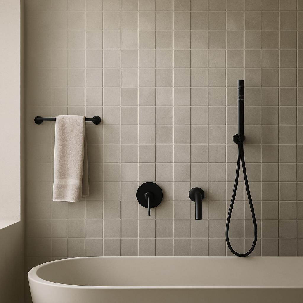 A modern taupe bathroom, with a greige-colored freestanding tub, dressed in simple decor featuring a towel rack holding a ...