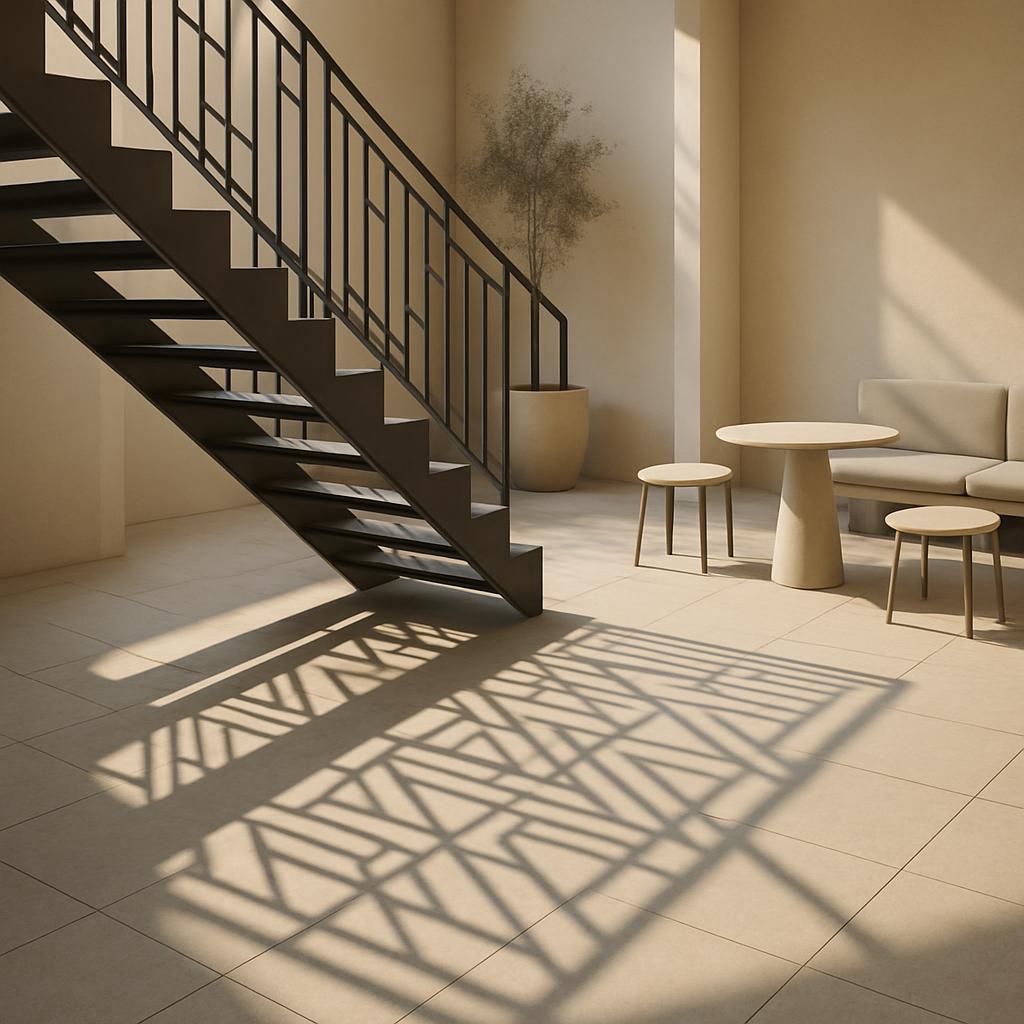 A minimalist, modern living room and staircase with white furniture and black railing, bathed in natural light from a wind...