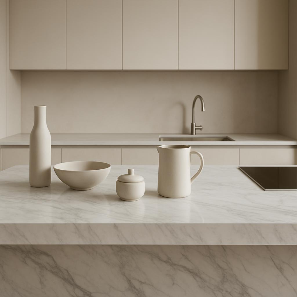 A minimalist kitchen featuring white marble countertops and beige cabinets, accented with cream-colored dinnerware.